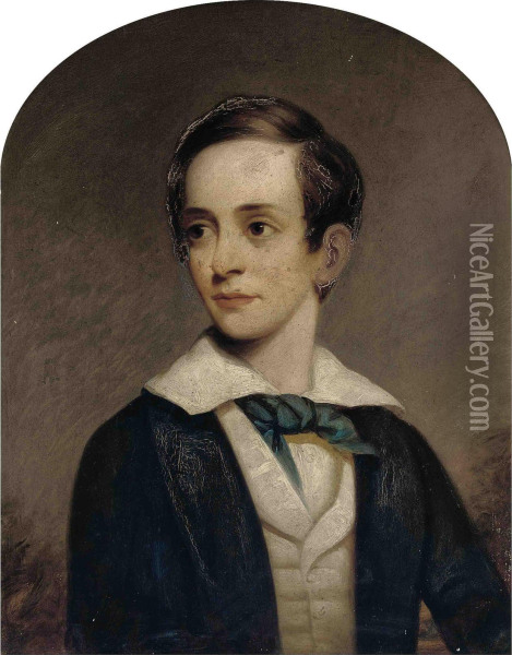 Portrait Of A Young Boy, Half-length, In A Blue Jacket With A White Waistcoat And Blue Cravat Oil Painting - James Sant