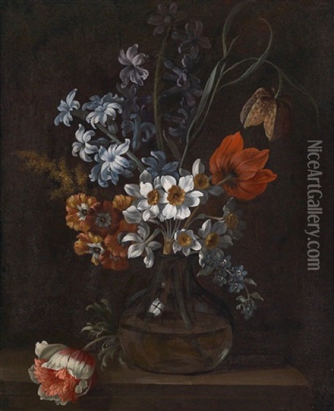 Paar Blumenstillleben Mit Kirschbluten, Narzissen, Hyazinthen Und Tulpen (pair) Oil Painting - Pieter Casteels the Younger