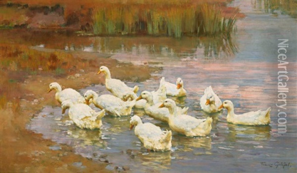 Elf Enten Am Ufer Eines Teiches. Meisterlich! Oil Painting - Franz Graessel