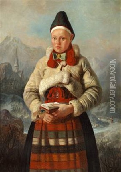 A Swedish Girl In A Traditional Dress From Rattvik Oil Painting - Johan Fredrik Hoeckert
