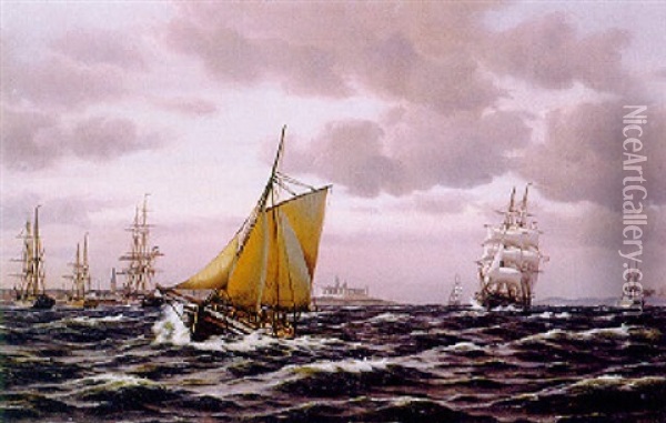 Segelschiffe Bei Frischer Brise Vor Dem Hafen Von Kopenhagen Oil Painting - Johan Jens Neumann