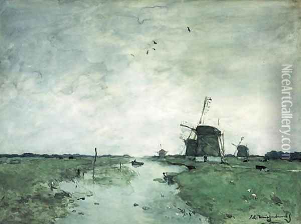 Windmills in the polder Oil Painting - Johan Hendrik Weissenbruch