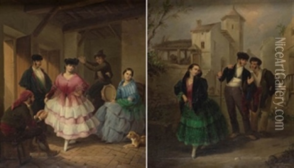 Escenas Populares Andaluzas (pair) Oil Painting - Manuel Cabral Aguado Bejarano