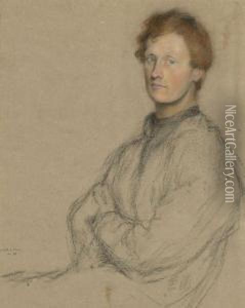 Portrait Of Charles Haselwood Shannon, R.a. ,half-length, Seated With His Arms Crossed Oil Painting - William Rothenstein