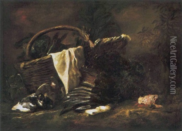 Natura Morta Con Tacchino, Piccioni, Gatto Ed Un Grande Cesto Oil Painting - Giovanni Agostino (Abate) Cassana