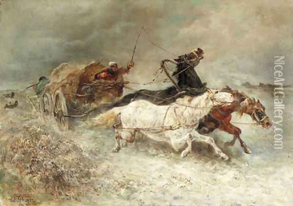 Wallachian wagon under attack Oil Painting - Adolf Schreyer