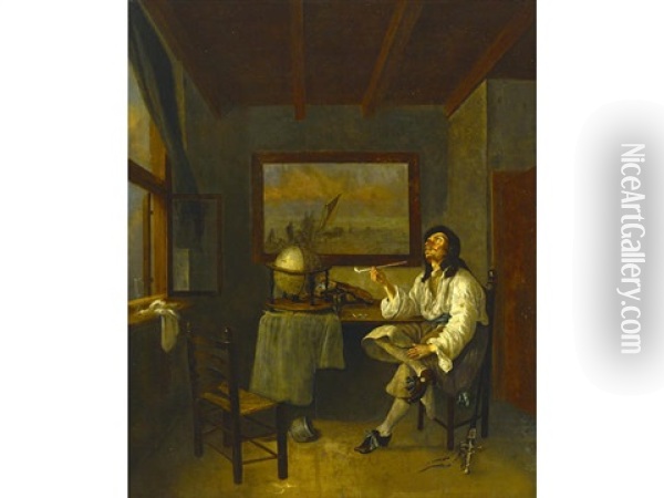 A Man Smoking A Pipe In An Interior Oil Painting - Jacob Duck
