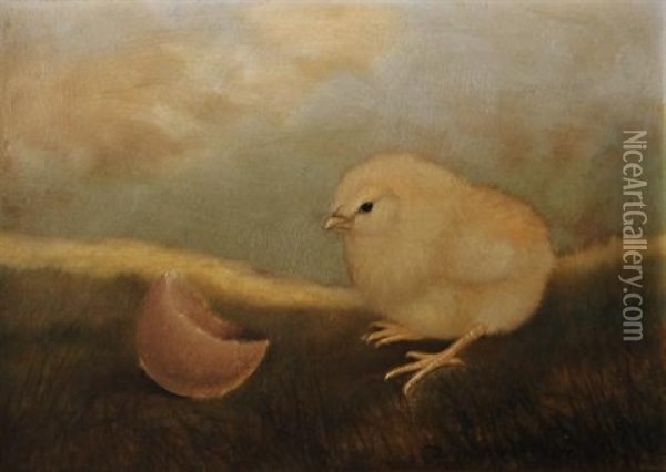 Baby Chick With Egg Shell Oil Painting - Ben Austrian