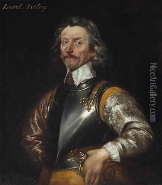Portrait Of Jacob Astley, 1st Baron Astley Of Reading (1579-1652), Half-length, In An Embroidered Grey Coat And Breastplate, His Left Hand... Oil Painting - William Dobson