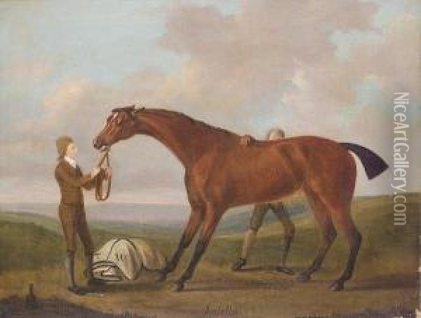 Isabella, A Bay Racehorse Being Rubbed Down, Held By A Groom, On A Heath Oil Painting - J. Francis Sartorius