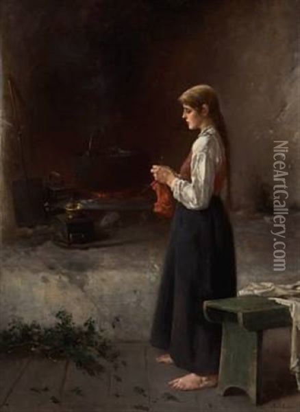 Kvinne Med Strikketoy Oil Painting - Axel Ender