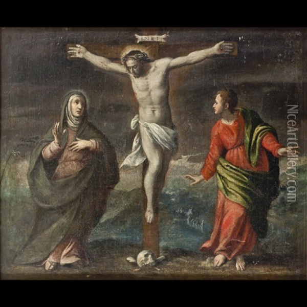 Cristo Crocifisso Tra La Madonna E San Giovanni Evangelista Oil Painting - Jacopo Palma il Giovane