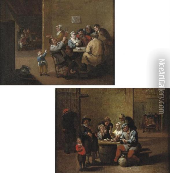 Boors Smoking, Drinking And 
Singing In An Interior; And Boors Drinking And Playing Cards In An 
Interior Oil Painting - David The Younger Teniers