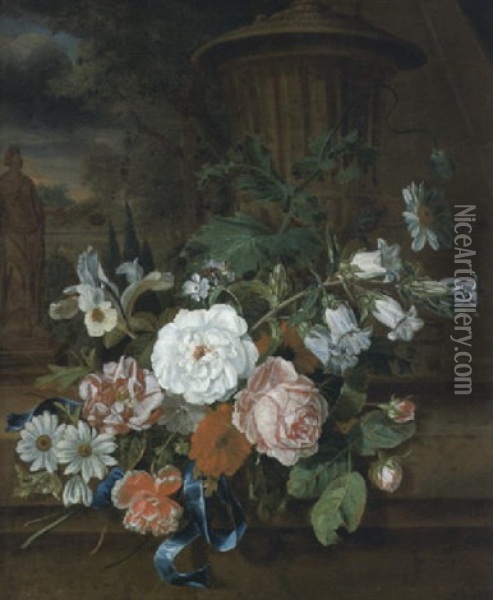 Stilleben Von Rosen, Malven, Klatscmohn, Schwertlilie, Marienglockenblume In Einer Parklandschaft Oil Painting - Willem Grasdorp
