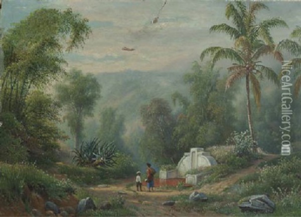Figures Passing Chinese Graves In An Indonesian Landscape Near Malang (?) Oil Painting - Maurits Ernest Hugo R. van den Kerkhoff