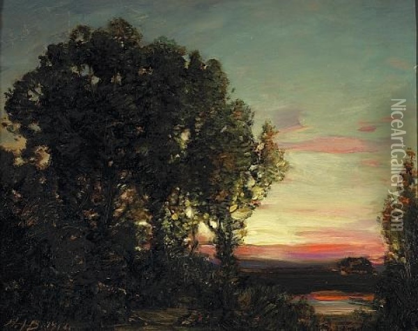 Sunset Beyond Distant Trees Oil Painting - Henry Joseph Breuer
