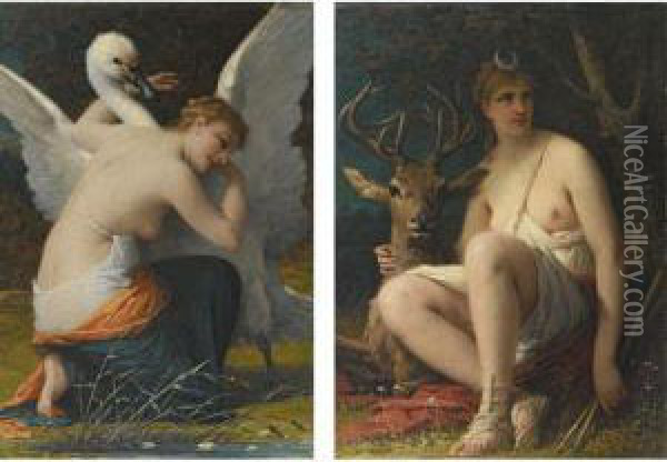 Leda And The Swan, Diana With A Stag Oil Painting - Adolphe Yvon