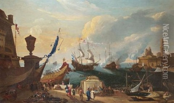 A Levantine Harbour With Elegant Figures, Merchants And Stevedores On A Quayside With Moored Shipping Beyond Oil Painting - Hendrich van Minderhout