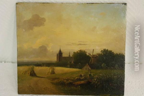 Veld Met Korenschoven Aan De Dorpsrand Oil Painting - Cornelis Bijlard