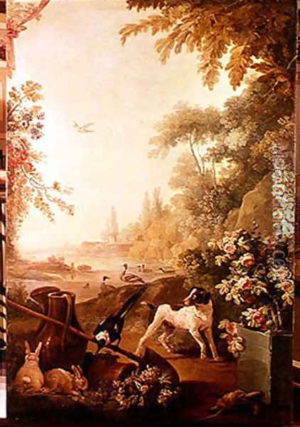 Two Rabbits a Magpie and a Dog Oil Painting - Jean-Baptiste Huet