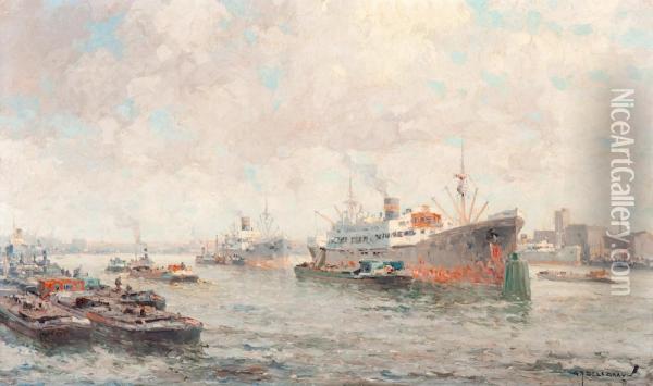 A View Of The Rotterdam Harbour Oil Painting - Gerarrd Delfgaauw