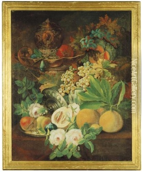 A Still Life Of Flowers, Fruit And Silver On A Ledge (+ Another, Similar; Pair) Oil Painting - Johann Conrad Eichler