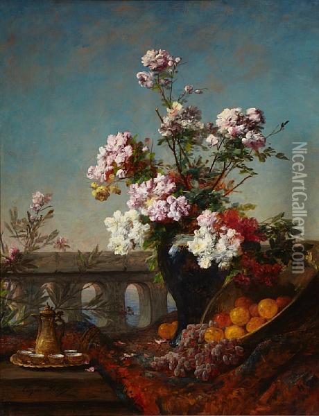 Flowers In An Urn With Fruit By A Bridge Oil Painting - Eugene Petit