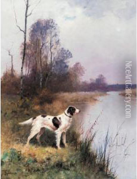 A Setter In An Extensive Landscape Oil Painting - Renaud