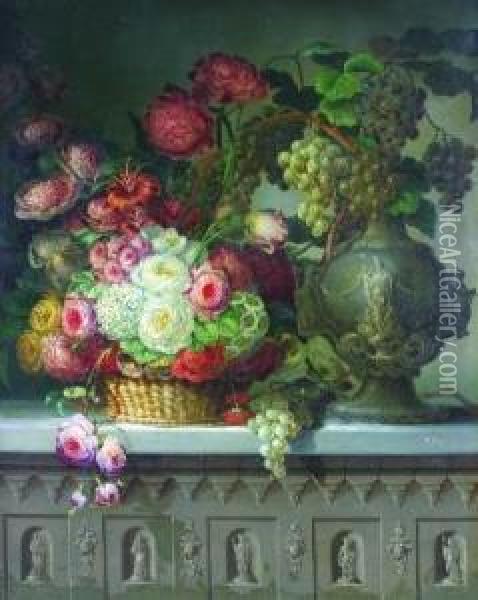Still Life With Flowers And Fruit Oil Painting - Thomas Hill
