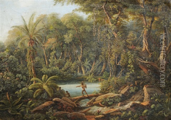 Brasilien (+ Am Amazonas, Oil On Canvas Laid On Wood, Smaller; Pair) Oil Painting - Karl (Carl) Brunner