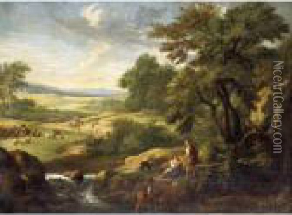 A Southern Landscape With 
Fishermen At The Edge Of A Brook, A Shepherd And Travellers Beyond Oil Painting - Andrea Locatelli
