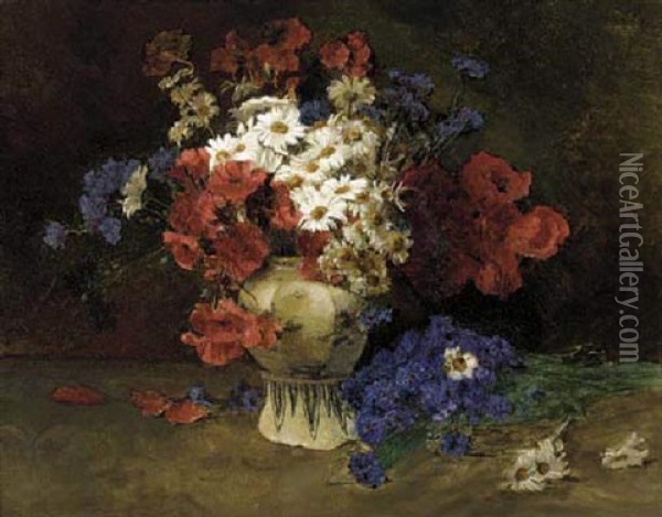 Summer Flowers In A Cream And White Vase Oil Painting - Peder Jacob Marius Knudsen