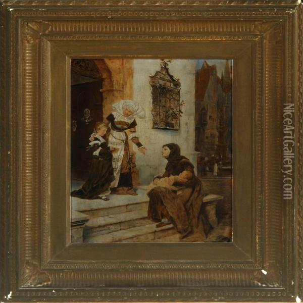 Scene From Achurch Stairs, Which Provide Alms To The Poor Oil Painting - Friedrich Bodenmuller