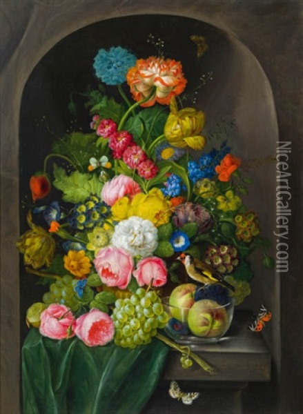 Groses Blumenstuck Mit Fruchten Und Stieglitz Oil Painting - Franz Xaver Petter