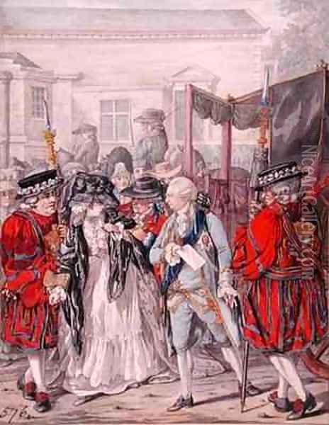 Margaret Nicholson Attempting to Assassinate His Majesty George III 1738-1820 at the Garden Entrance of St Jamess Palace Oil Painting - Robert Dighton