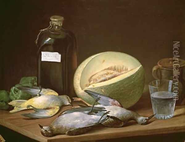 Still Life with Melon and Birds Oil Painting - Jose Lopez-Enguidanos