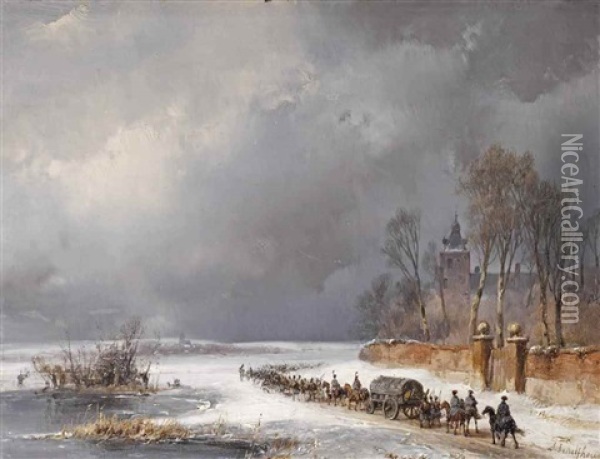 Soldiers Marching In The Snow Oil Painting - Andreas Schelfhout