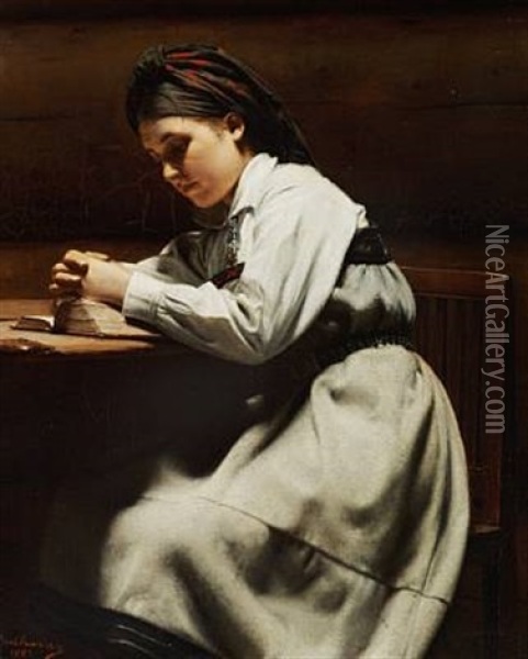 Young Girl Praying, Setesdal, Norway Oil Painting - Karl Frederick Sundt-Hansen