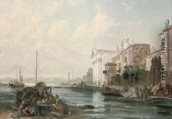 Figures mending nets with a capriccio Venetian scene behind Oil Painting - English School