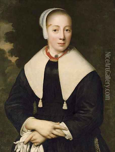 Portrait of a lady, three-quarter-length, with a coral necklace Oil Painting - Pieter Nason