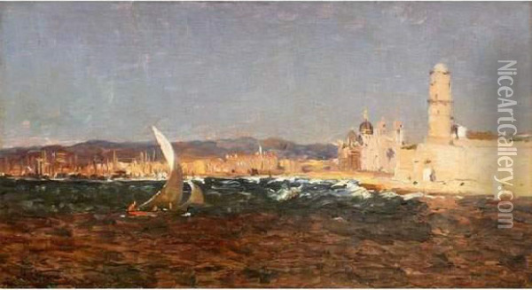 Le Fort Saint-jean Et Le Port De Marseille. Oil Painting - Jean-Baptiste Olive