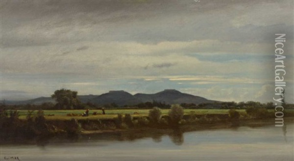 Flusslandschaft Mit Erntefeld Und Hugelkette Oil Painting - Edouard Auguste Imer