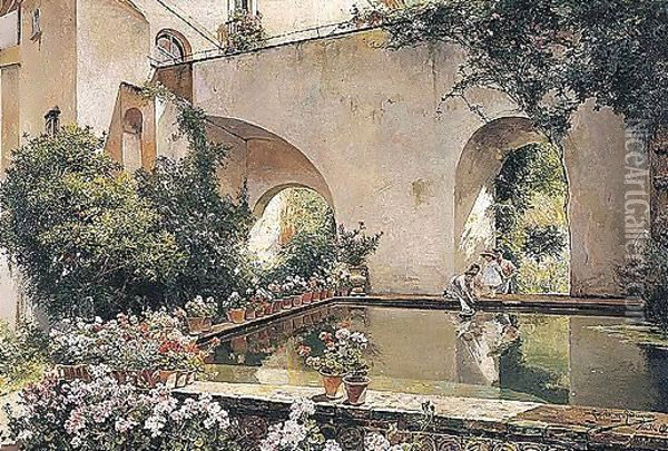 Patio Andaluz (Andalusian Courtyard) Oil Painting - Manuel Garcia y Rodriguez