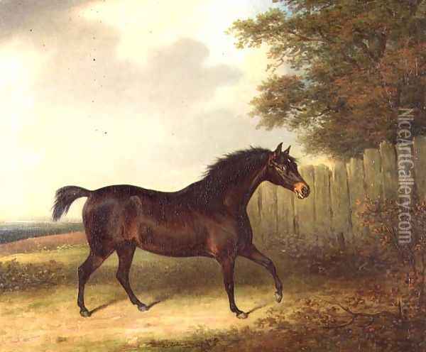 A dark bay stallion in a landscape Oil Painting - Henry Bernard Chalon