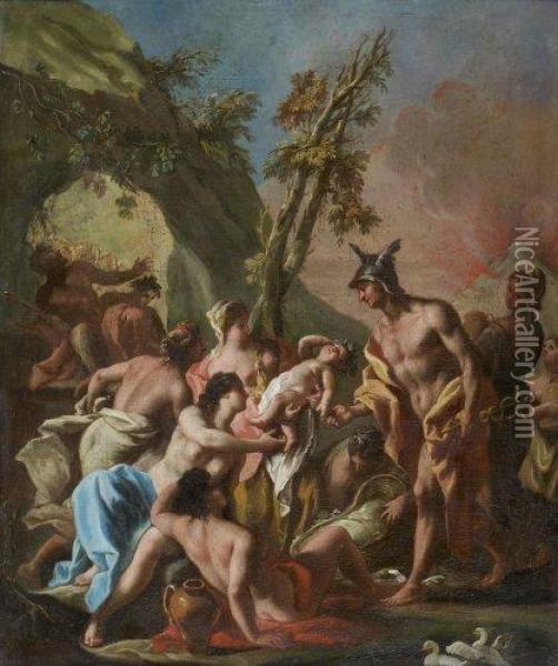 Mercure Confie Bacchus Enfant A La Deesse Leucothoe Oil Painting - Michele Da Parma (see Rocca)