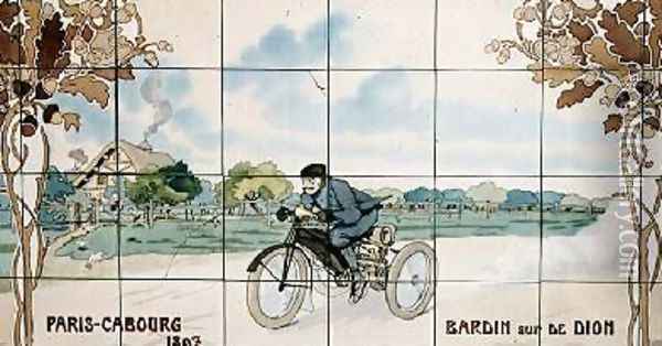 Bardin riding a De Dion motor tricycle in the Paris to Cabourg race of 1897 Oil Painting - Ernest Montaut