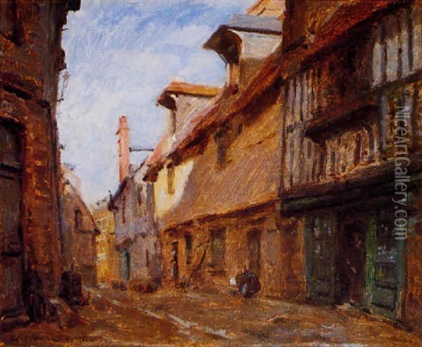 La Rue De La Vielle Halle A St. Valery En Caux Oil Painting - Adolphe Felix Cals