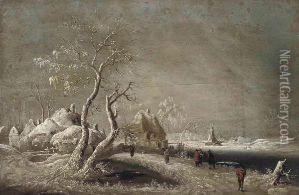 A Winter River Landscape With Figures On A Track Oil Painting - Jan Griffier I