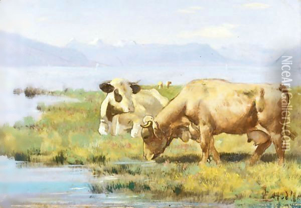 Cows At Lakeshore Oil Painting - Ferdinand Hodler