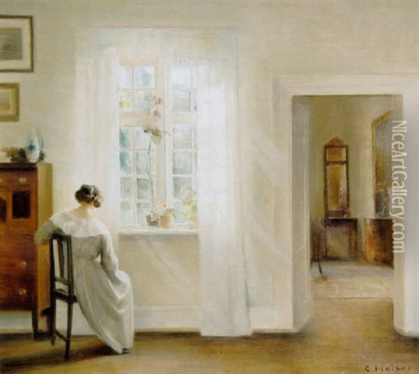 Interior Med Kunstnerens Hustru Siddende Ved Et Vindue I Solfyldt Stue Oil Painting - Carl Vilhelm Holsoe